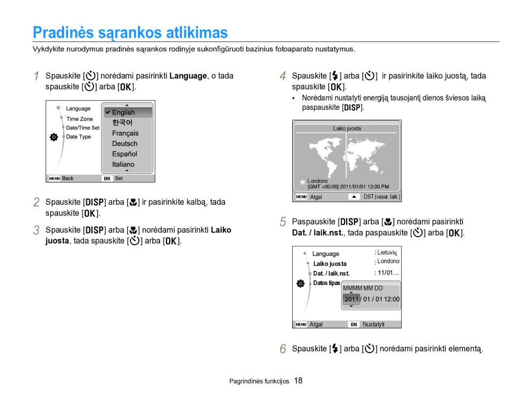 Samsung EC-PL170ZBPBE2 manual Pradinės sąrankos atlikimas, Spauskite F arba t norėdami pasirinkti elementą 