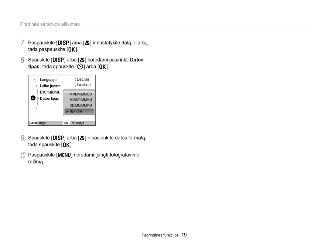 Samsung EC-PL170ZBPBE2 manual Pradinės sąrankos atlikimas, Paspauskite m norėdami įjungti fotografavimo režimą 