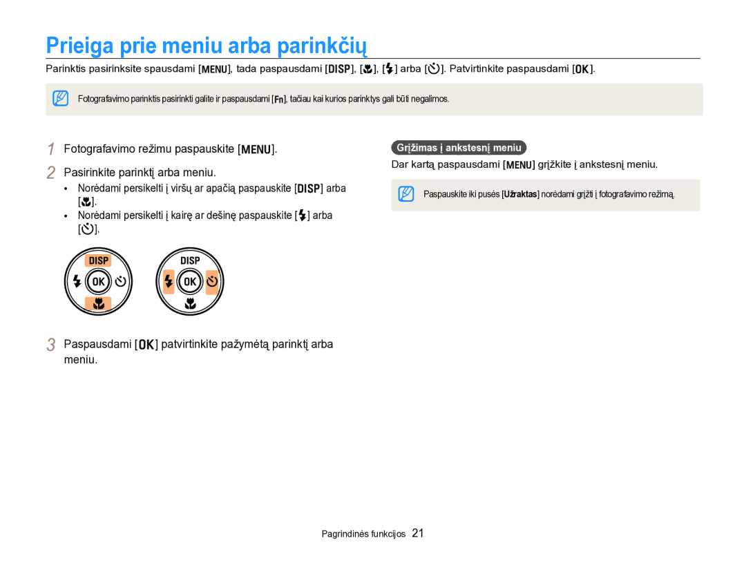 Samsung EC-PL170ZBPBE2 manual Prieiga prie meniu arba parinkčių, Fotografavimo režimu paspauskite m 