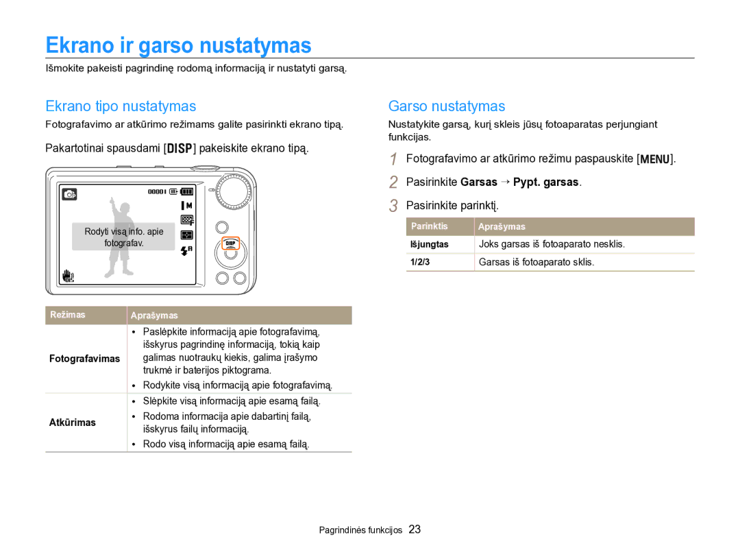 Samsung EC-PL170ZBPBE2 manual Ekrano ir garso nustatymas, Ekrano tipo nustatymas, Garso nustatymas 