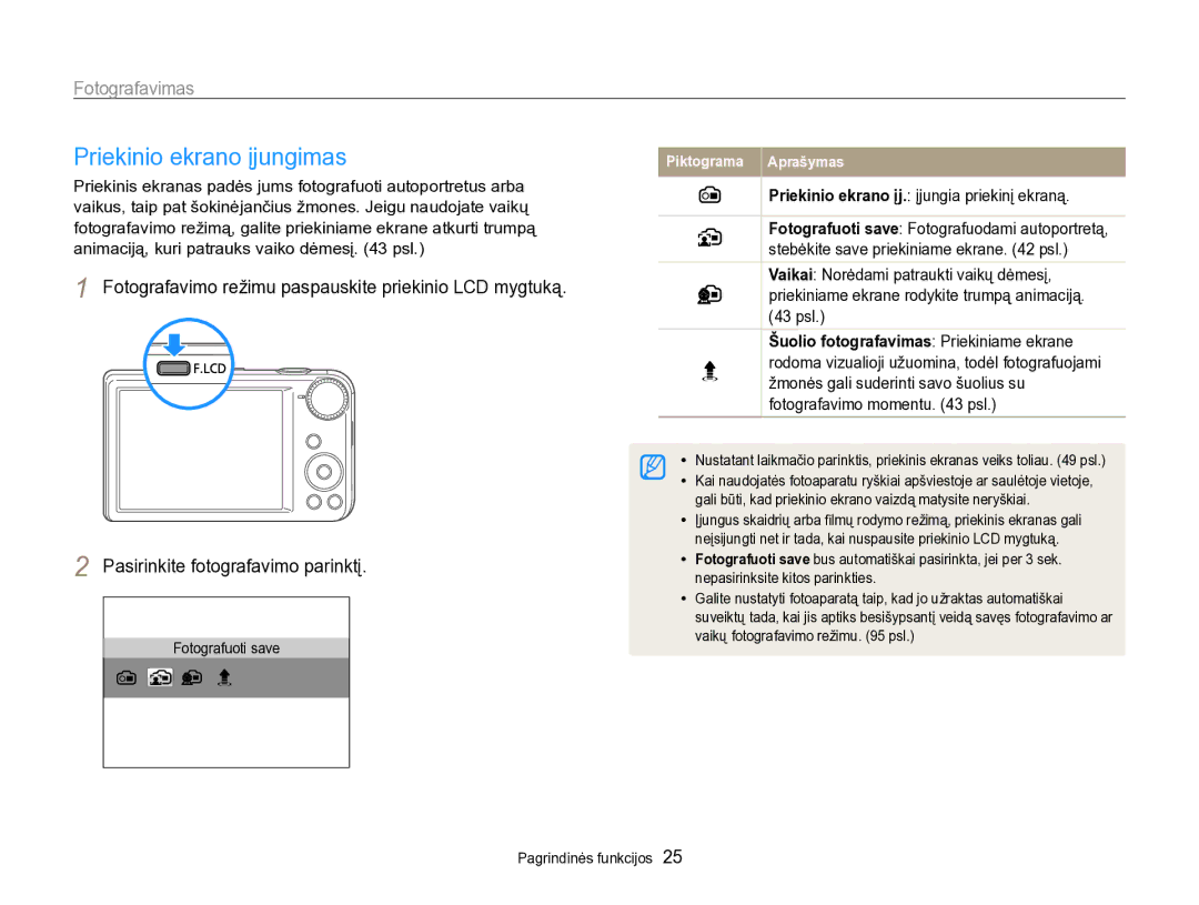 Samsung EC-PL170ZBPBE2 manual Priekinio ekrano įjungimas, Fotografavimas, Priekinio ekrano įj. įjungia priekinį ekraną 