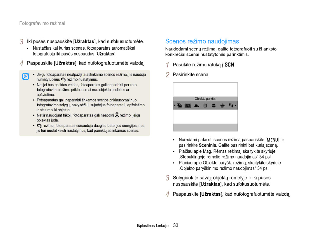 Samsung EC-PL170ZBPBE2 manual Scenos režimo naudojimas, Fotografavimo režimai, Pasukite režimo ratuką į s Pasirinkite sceną 