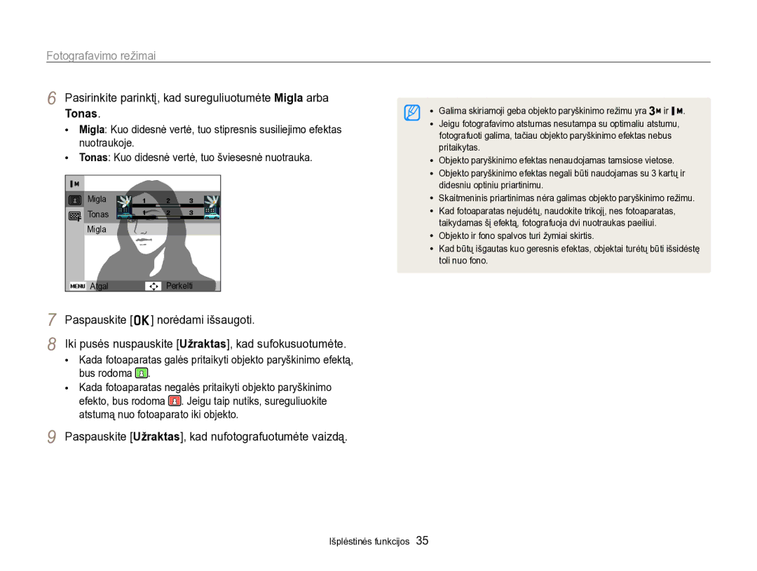 Samsung EC-PL170ZBPBE2 Pasirinkite parinktį, kad sureguliuotumėte Migla arba, Tonas, Paspauskite o norėdami išsaugoti 