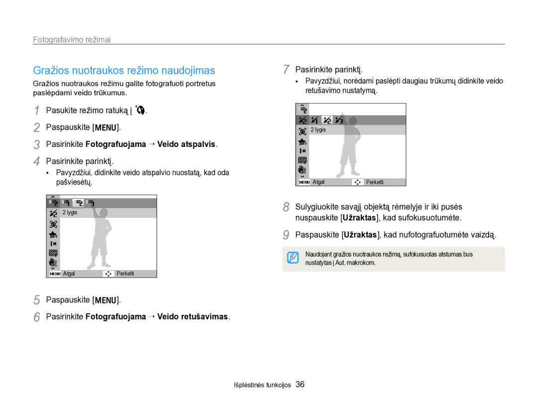 Samsung EC-PL170ZBPBE2 manual Gražios nuotraukos režimo naudojimas, Pasukite režimo ratuką į b Paspauskite m 