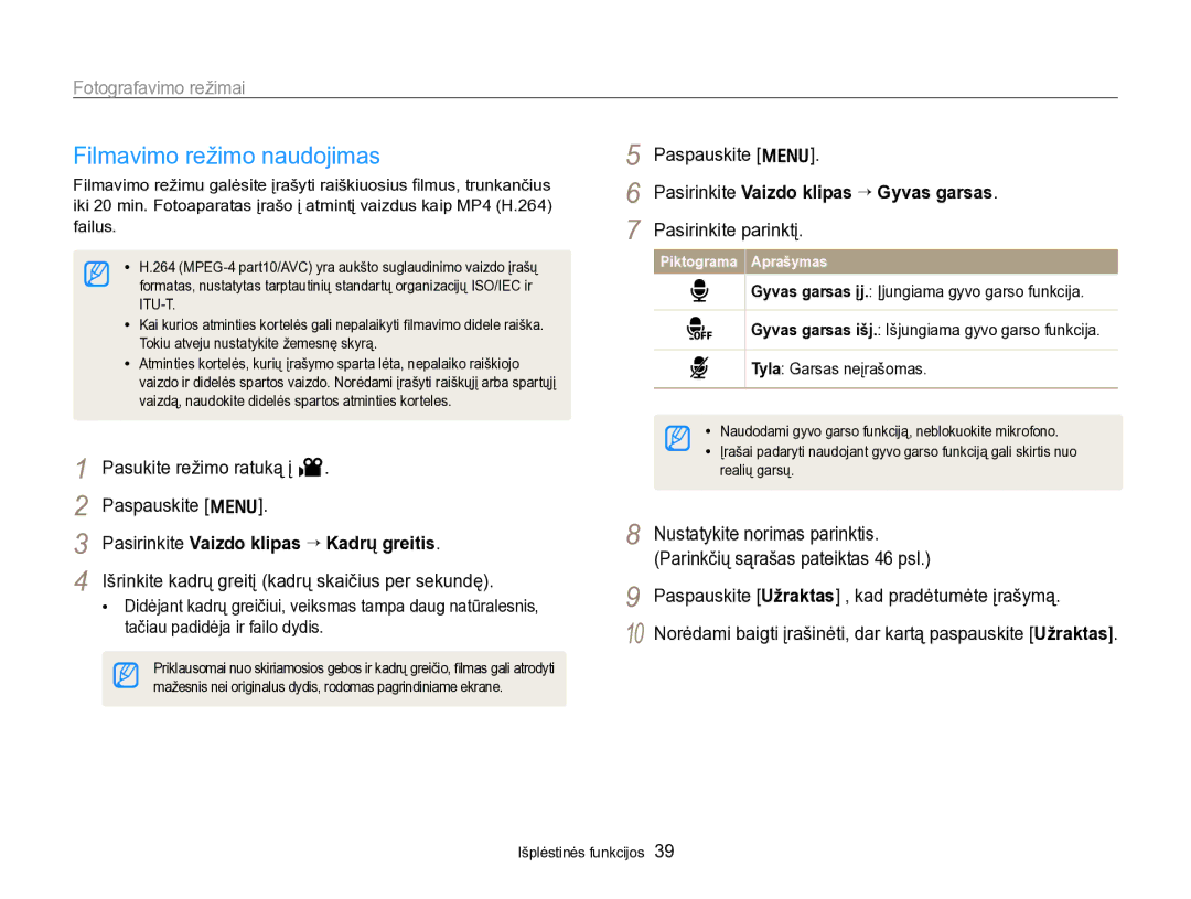 Samsung EC-PL170ZBPBE2 manual Filmavimo režimo naudojimas, Pasirinkite Vaizdo klipas “ Kadrų greitis 