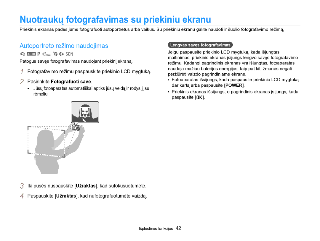 Samsung EC-PL170ZBPBE2 manual Nuotraukų fotografavimas su priekiniu ekranu, Autoportreto režimo naudojimas 