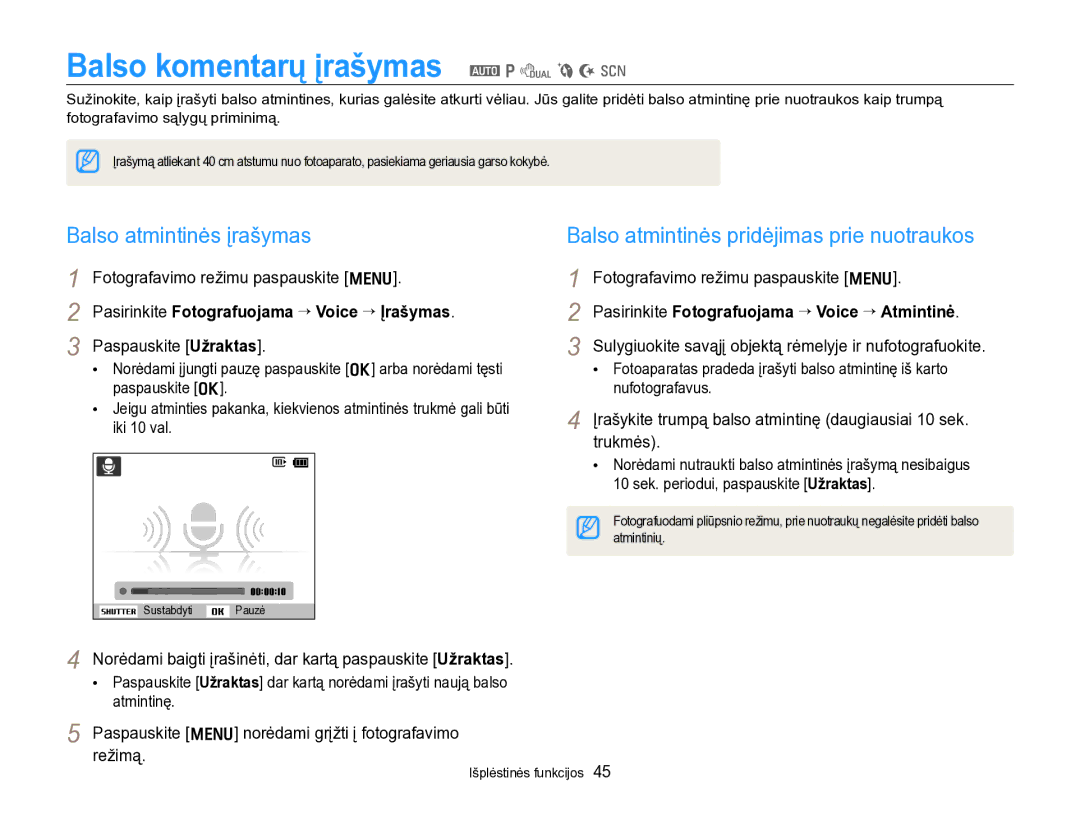 Samsung EC-PL170ZBPBE2 manual Balso komentarų įrašymas a p d b N s, Balso atmintinės įrašymas 