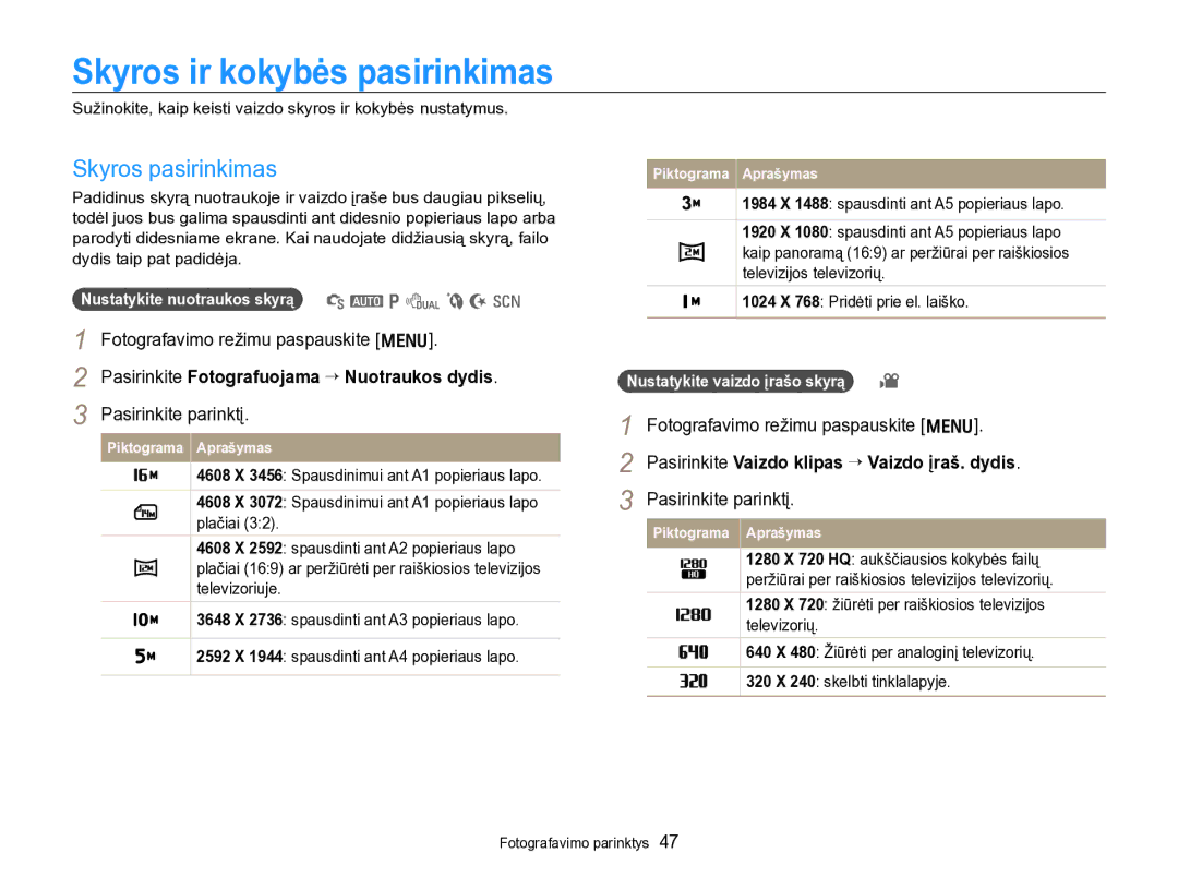 Samsung EC-PL170ZBPBE2 Skyros ir kokybės pasirinkimas, Skyros pasirinkimas, Pasirinkite Vaizdo klipas “ Vaizdo įraš. dydis 