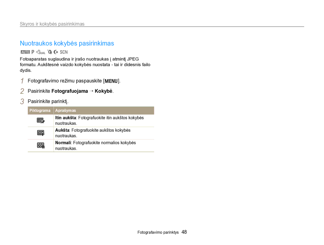 Samsung EC-PL170ZBPBE2 manual Nuotraukos kokybės pasirinkimas, Skyros ir kokybės pasirinkimas 