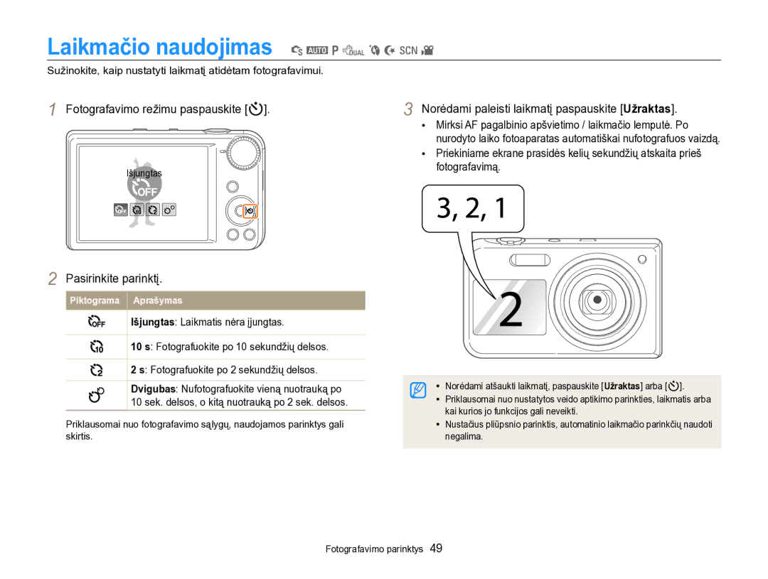 Samsung EC-PL170ZBPBE2 manual Laikmačio naudojimas S a p d b N s, Fotografavimo režimu paspauskite t 