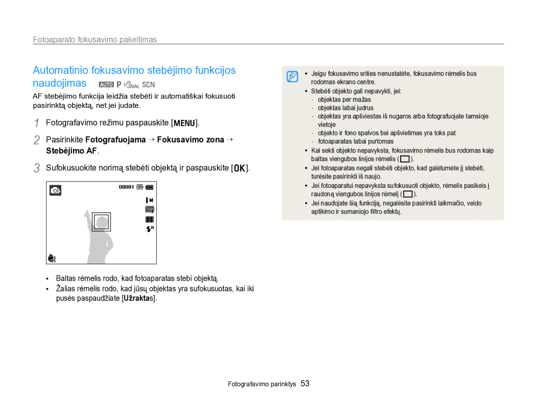 Samsung EC-PL170ZBPBE2 Fotoaparato fokusavimo pakeitimas, Pasirinkite Fotografuojama “ Fokusavimo zona “ Stebėjimo AF 