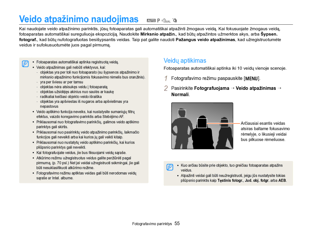 Samsung EC-PL170ZBPBE2 manual Veido atpažinimo naudojimas a p d b, Veidų aptikimas 