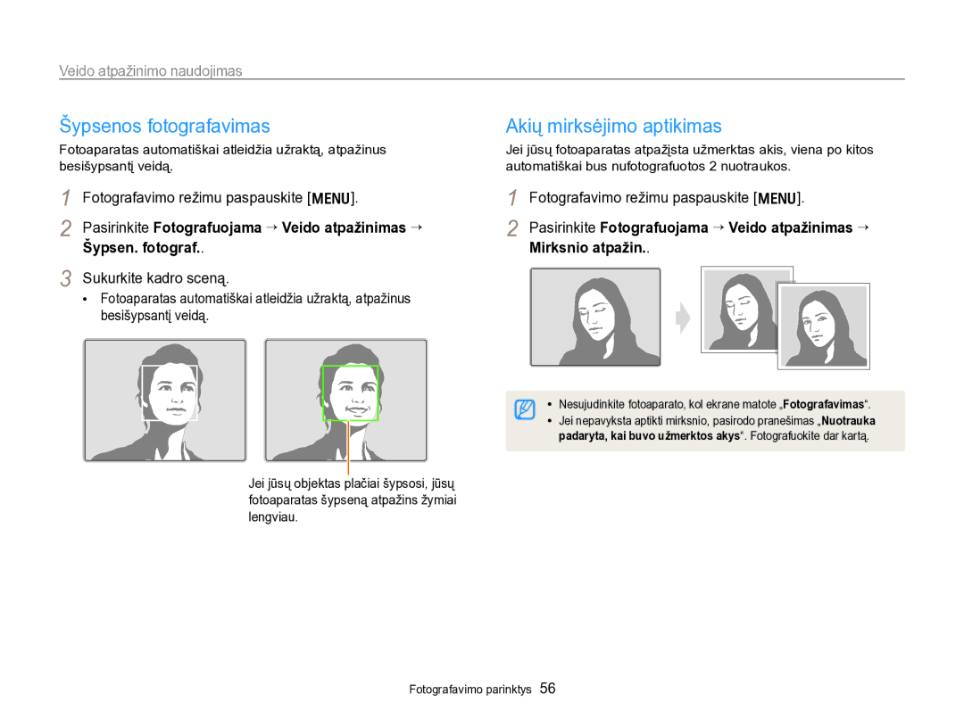 Samsung EC-PL170ZBPBE2 manual Šypsenos fotografavimas, Akių mirksėjimo aptikimas, Veido atpažinimo naudojimas 