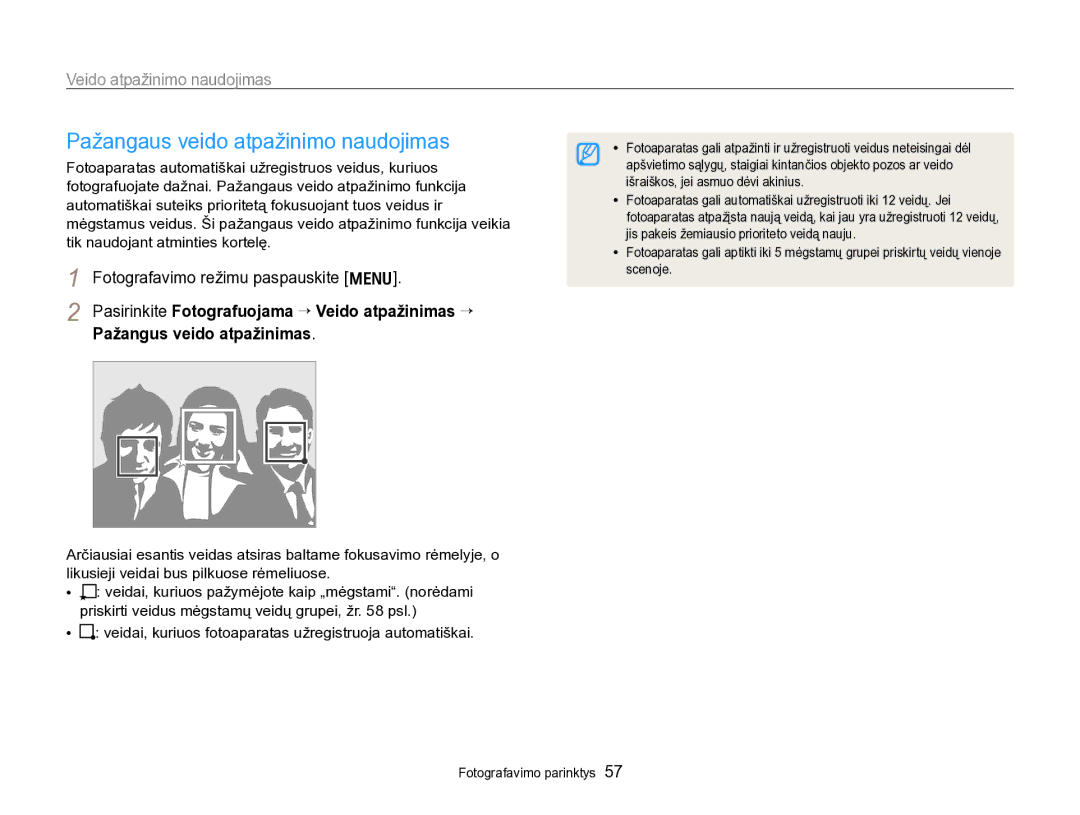Samsung EC-PL170ZBPBE2 Pažangaus veido atpažinimo naudojimas, Veidai, kuriuos fotoaparatas užregistruoja automatiškai 