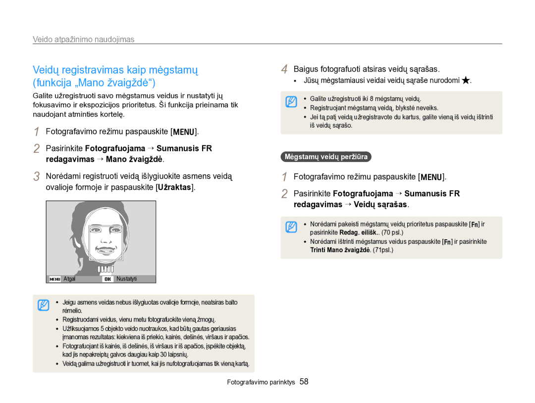 Samsung EC-PL170ZBPBE2 manual Veidų registravimas kaip mėgstamų, Funkcija „Mano žvaigždė, Mėgstamų veidų peržiūra 