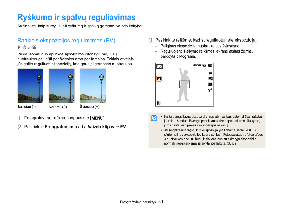 Samsung EC-PL170ZBPBE2 manual Ryškumo ir spalvų reguliavimas, Rankinis ekspozicijos reguliavimas EV 