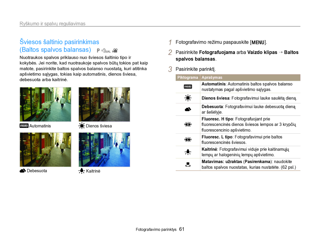 Samsung EC-PL170ZBPBE2 manual Šviesos šaltinio pasirinkimas Baltos spalvos balansas p d 