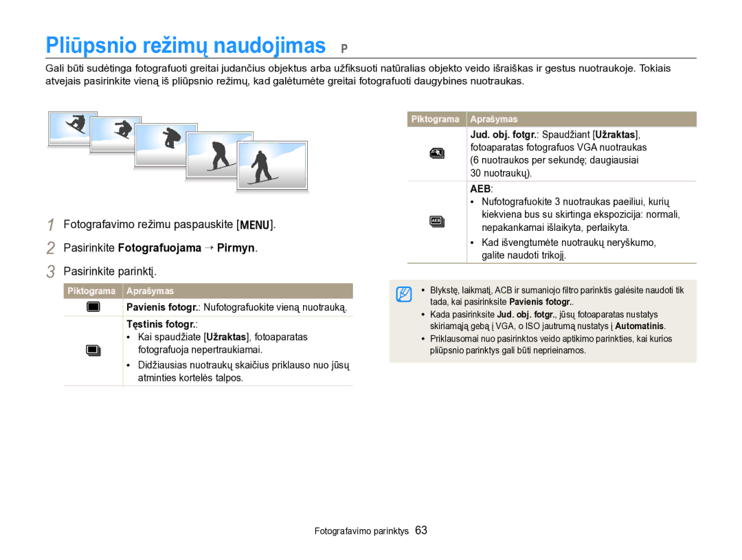 Samsung EC-PL170ZBPBE2 manual Pliūpsnio režimų naudojimas p, Pasirinkite Fotografuojama “ Pirmyn, Tęstinis fotogr 