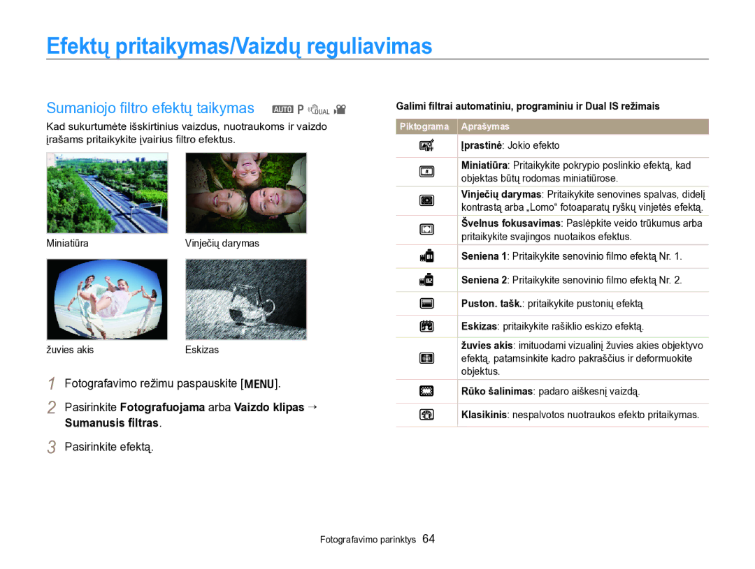 Samsung EC-PL170ZBPBE2 Efektų pritaikymas/Vaizdų reguliavimas, Sumaniojo ﬁltro efektų taikymas a p d, Sumanusis ﬁltras 