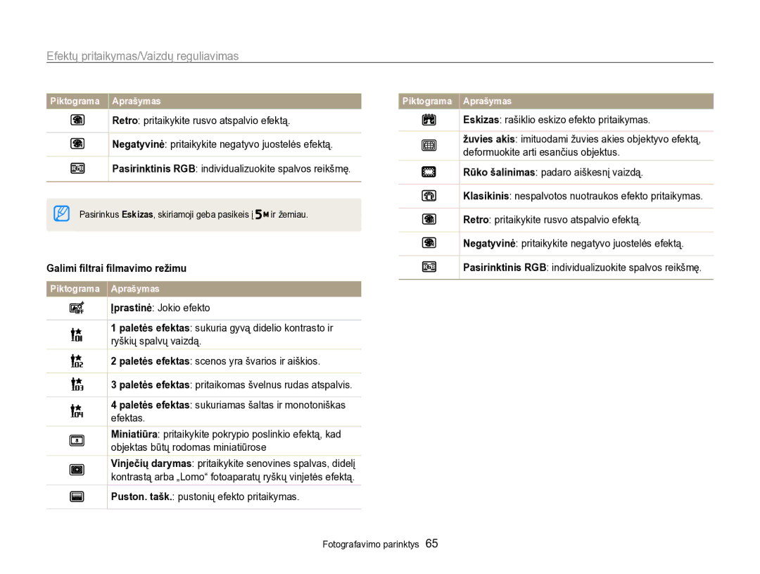 Samsung EC-PL170ZBPBE2 manual Efektų pritaikymas/Vaizdų reguliavimas, Galimi ﬁltrai ﬁlmavimo režimu 