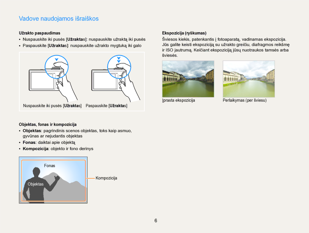 Samsung EC-PL170ZBPBE2 manual Vadove naudojamos išraiškos, Užrakto paspaudimas, Objektas, fonas ir kompozicija 