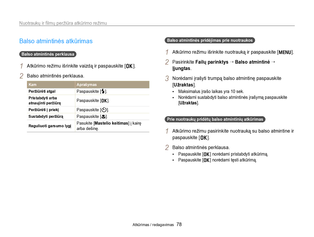 Samsung EC-PL170ZBPBE2 manual Balso atmintinės atkūrimas, Įjungtas, Balso atmintinės perklausa 