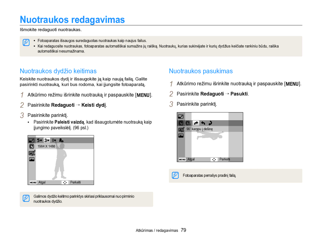 Samsung EC-PL170ZBPBE2 manual Nuotraukos redagavimas, Nuotraukos dydžio keitimas, Nuotraukos pasukimas 