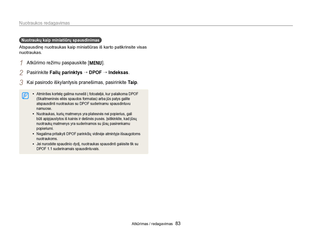 Samsung EC-PL170ZBPBE2 manual Pasirinkite Failų parinktys “ Dpof “ Indeksas, Nuotraukų kaip miniatiūrų spausdinimas 