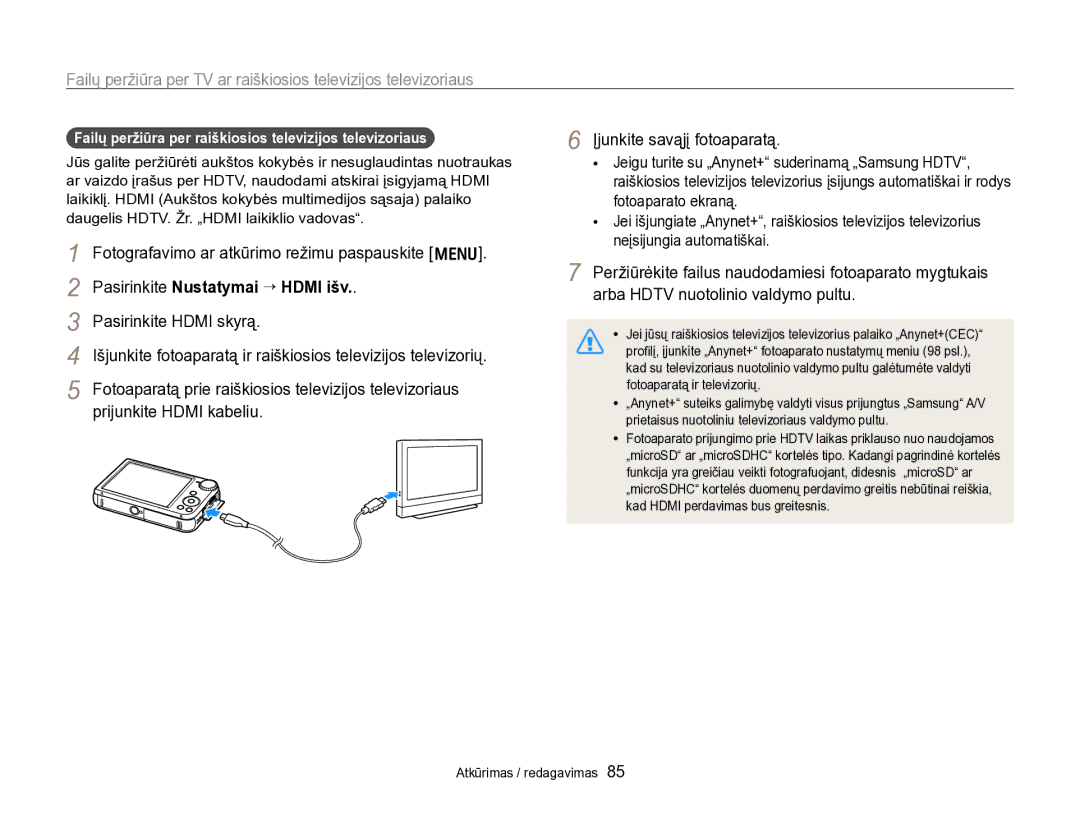 Samsung EC-PL170ZBPBE2 manual Įjunkite savąjį fotoaparatą, Failų peržiūra per raiškiosios televizijos televizoriaus 