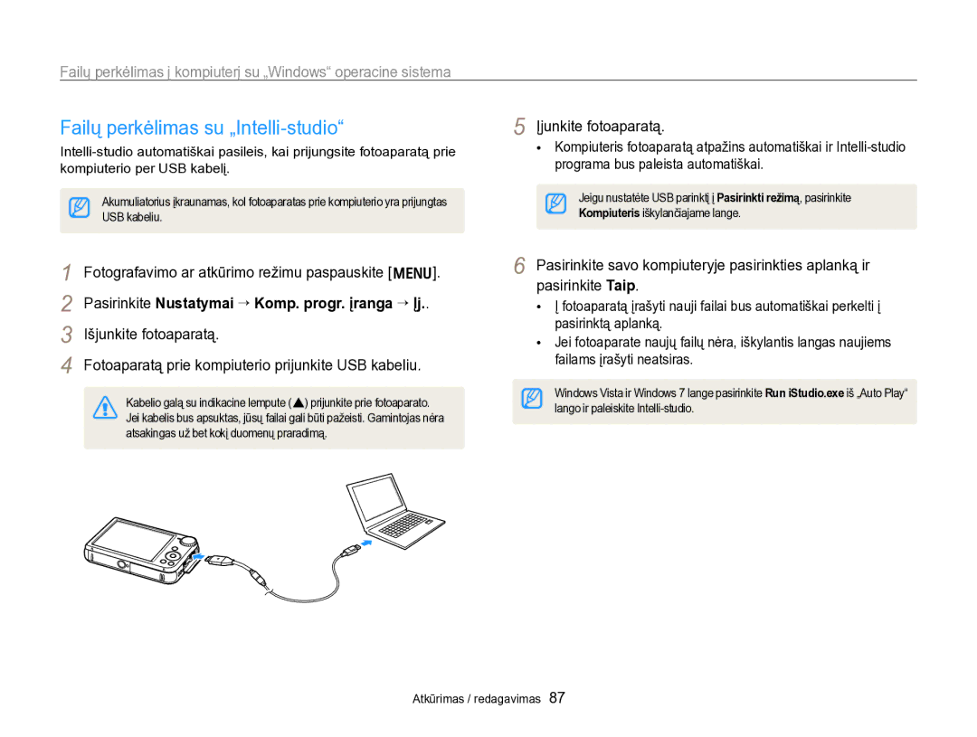 Samsung EC-PL170ZBPBE2 Failų perkėlimas su „Intelli-studio, Failų perkėlimas į kompiuterį su „Windows operacine sistema 