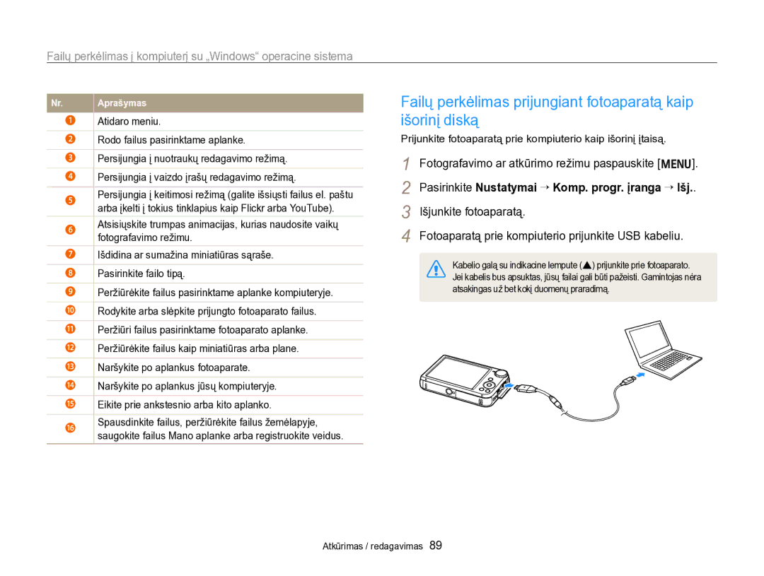 Samsung EC-PL170ZBPBE2 manual Failų perkėlimas prijungiant fotoaparatą kaip išorinį diską, Atidaro meniu 