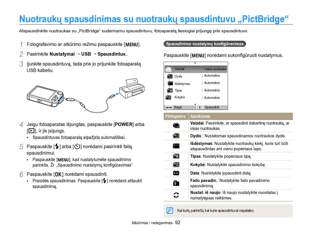 Samsung EC-PL170ZBPBE2 manual Paspauskite m norėdami sukonﬁgūruoti nustatymus, Ir jis įsijungs, Spausdinimui 