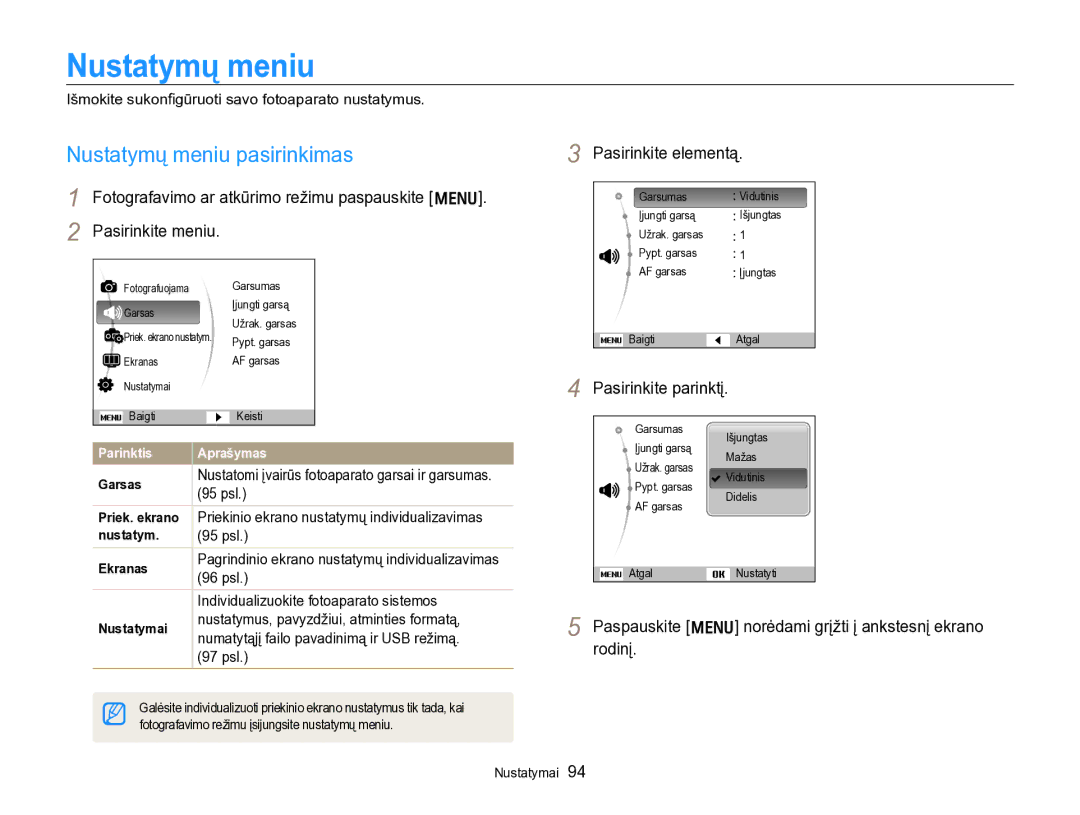 Samsung EC-PL170ZBPBE2 manual Nustatymų meniu pasirinkimas, Pasirinkite elementą, 95 psl 