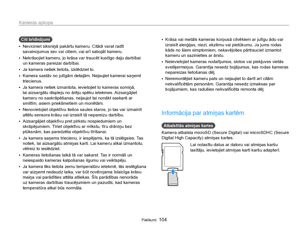 Samsung EC-PL170ZBPBE2 manual Informācija par atmiņas kartēm, Citi brīdinājumi, Atbalstītās atmiņas kartes 