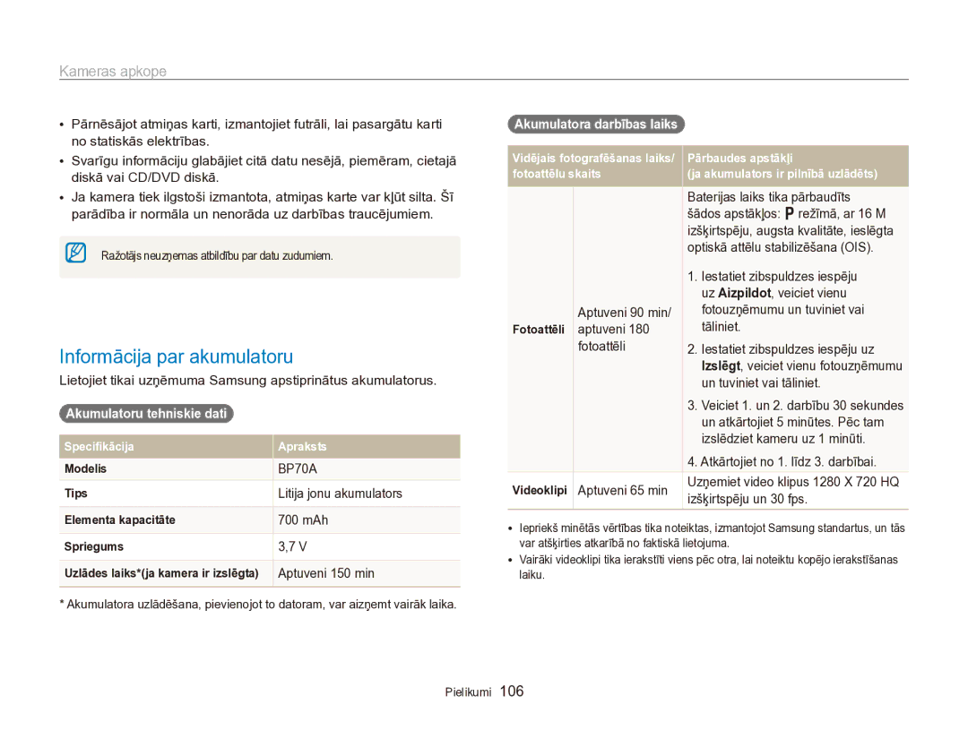 Samsung EC-PL170ZBPBE2 manual Informācija par akumulatoru, Akumulatoru tehniskie dati, Akumulatora darbības laiks 