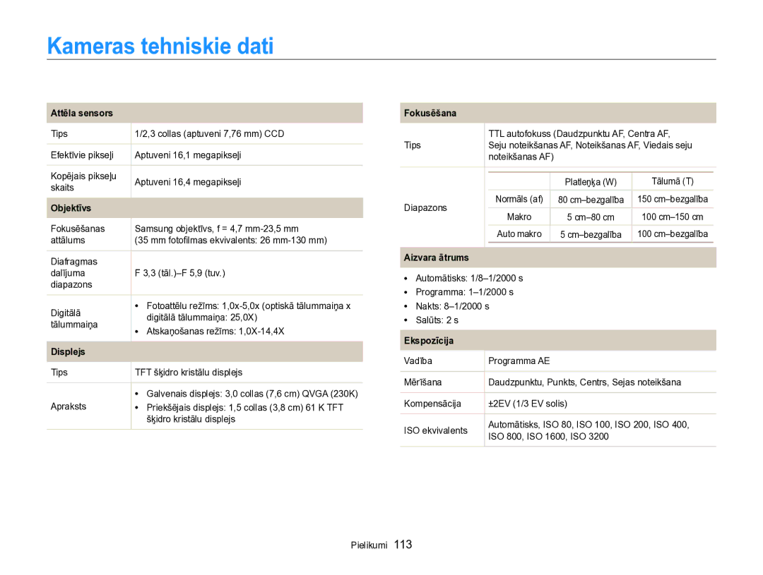 Samsung EC-PL170ZBPBE2 manual Kameras tehniskie dati 