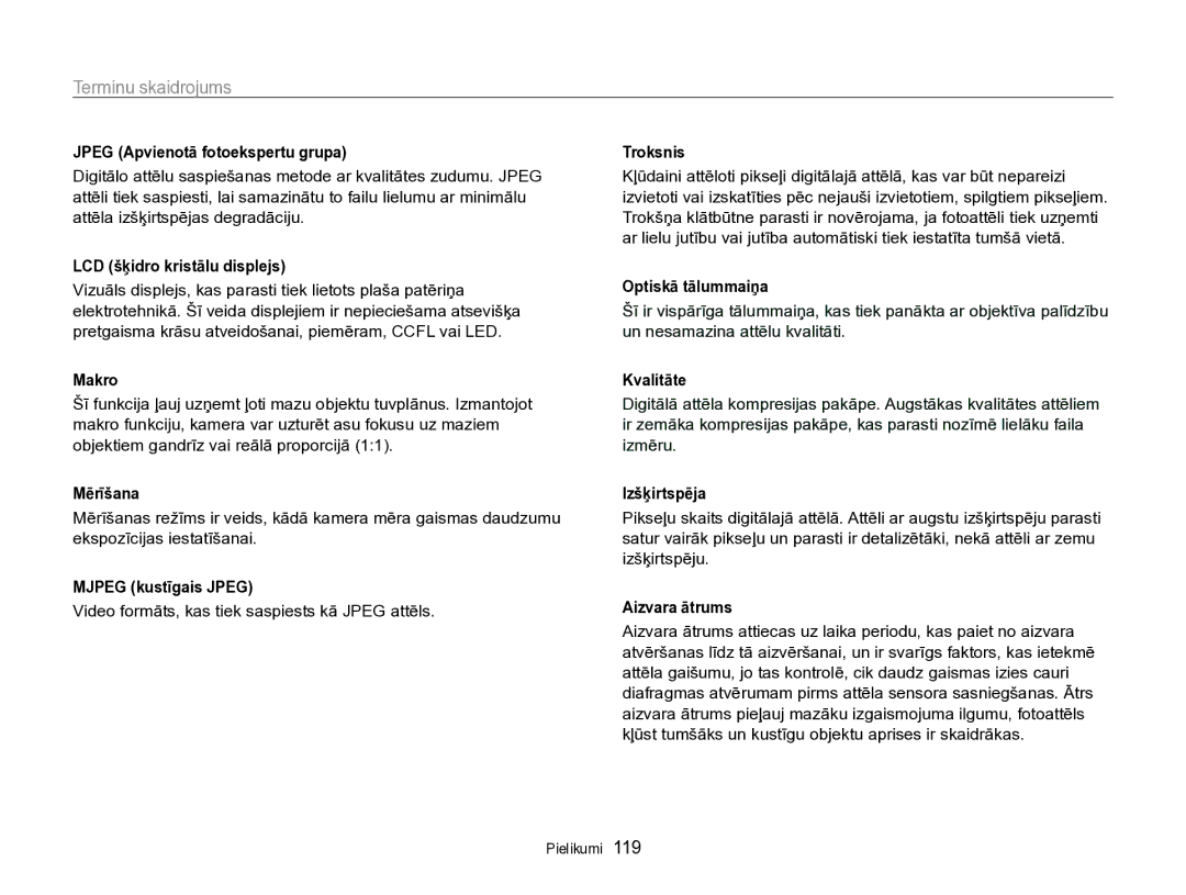 Samsung EC-PL170ZBPBE2 manual Jpeg Apvienotā fotoekspertu grupa, LCD šķidro kristālu displejs, Makro, Mērīšana, Troksnis 