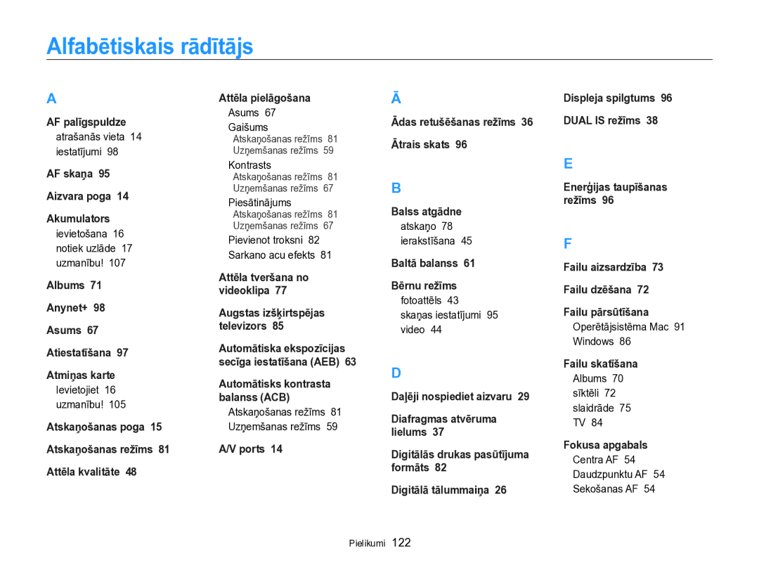 Samsung EC-PL170ZBPBE2 manual Alfabētiskais rādītājs 