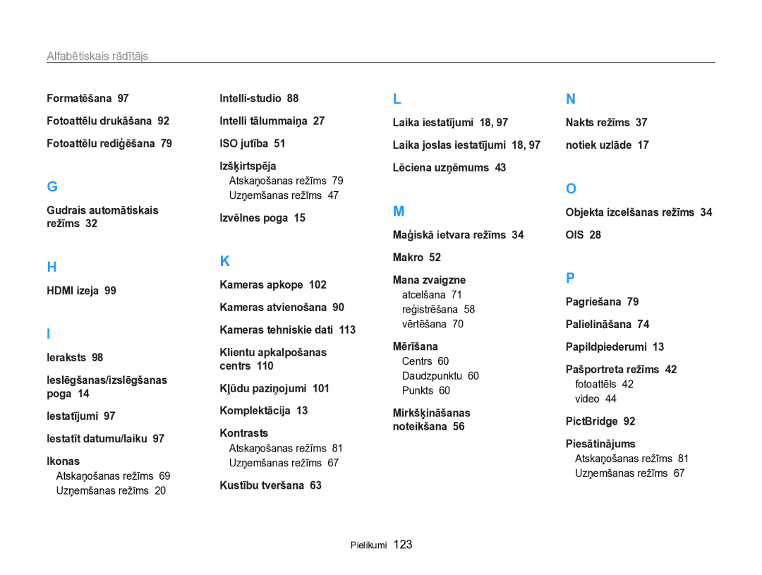 Samsung EC-PL170ZBPBE2 manual Alfabētiskais rādītājs, Atcelšana 71 reģistrēšana 58 vērtēšana, Centrs Daudzpunktu Punkts 