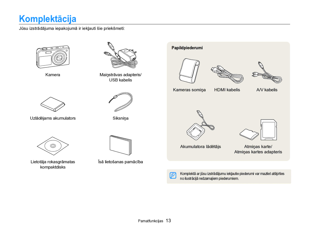 Samsung EC-PL170ZBPBE2 manual Komplektācija, Papildpiederumi 