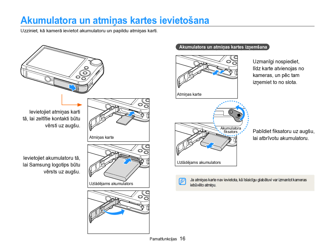 Samsung EC-PL170ZBPBE2 manual Akumulatora un atmiņas kartes ievietošana, Uzmanīgi nospiediet 