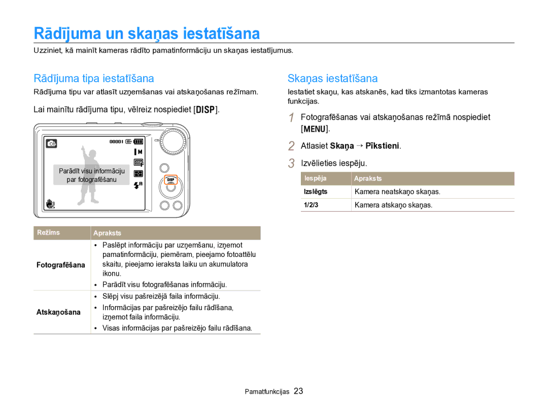 Samsung EC-PL170ZBPBE2 manual Rādījuma un skaņas iestatīšana, Rādījuma tipa iestatīšana, Skaņas iestatīšana 