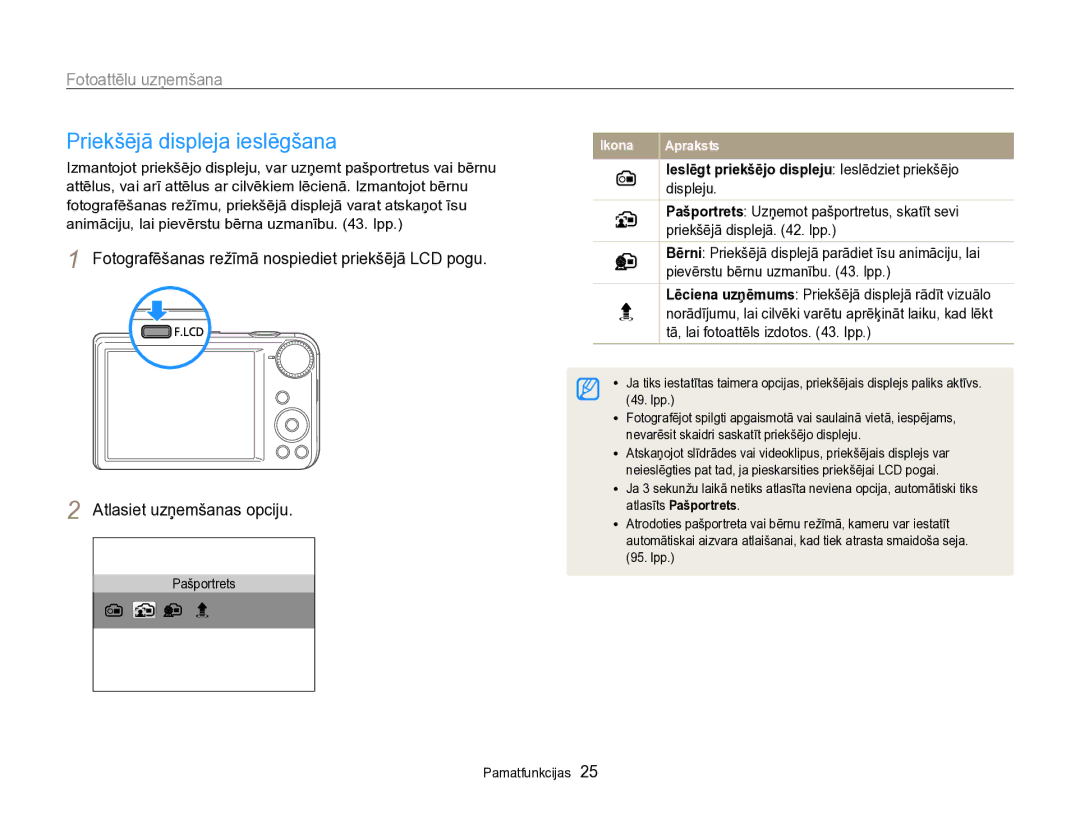 Samsung EC-PL170ZBPBE2 manual Priekšējā displeja ieslēgšana, Fotoattēlu uzņemšana 