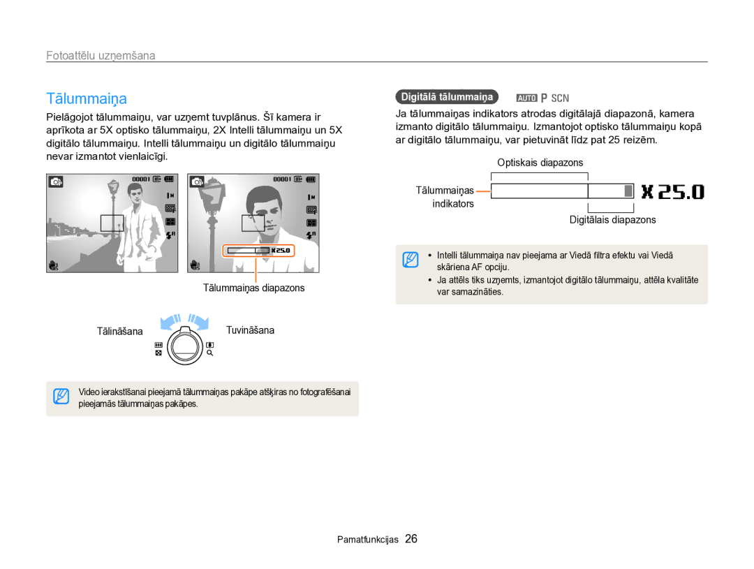 Samsung EC-PL170ZBPBE2 manual Tālummaiņa, Digitālā tālummaiņa a p s, Optiskais diapazons, Digitālais diapazons 