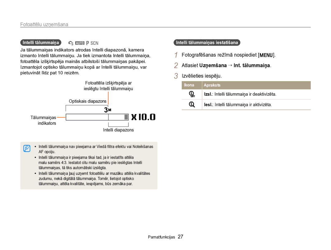 Samsung EC-PL170ZBPBE2 manual Intelli tālummaiņa S a p s, Intelli tālummaiņas iestatīšana 