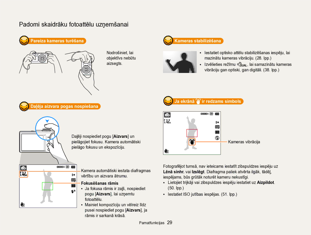 Samsung EC-PL170ZBPBE2 Pareiza kameras turēšana, Kameras stabilizēšana, Daļēja aizvara pogas nospiešana, Fokusēšanas rāmis 