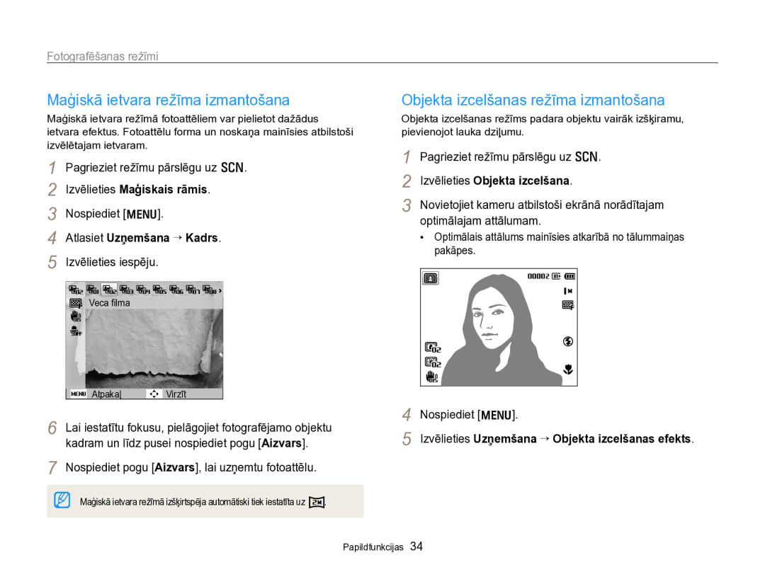 Samsung EC-PL170ZBPBE2 manual Maģiskā ietvara režīma izmantošana, Objekta izcelšanas režīma izmantošana 