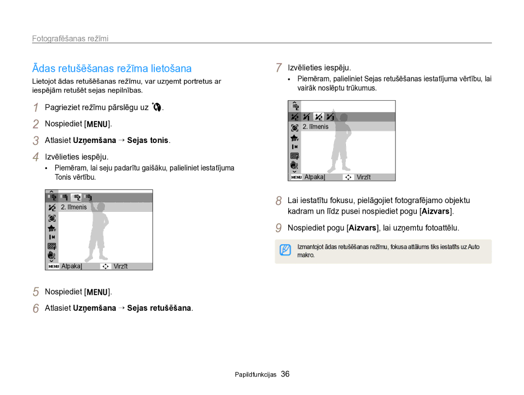 Samsung EC-PL170ZBPBE2 manual Ādas retušēšanas režīma lietošana, Pagrieziet režīmu pārslēgu uz b Nospiediet m 