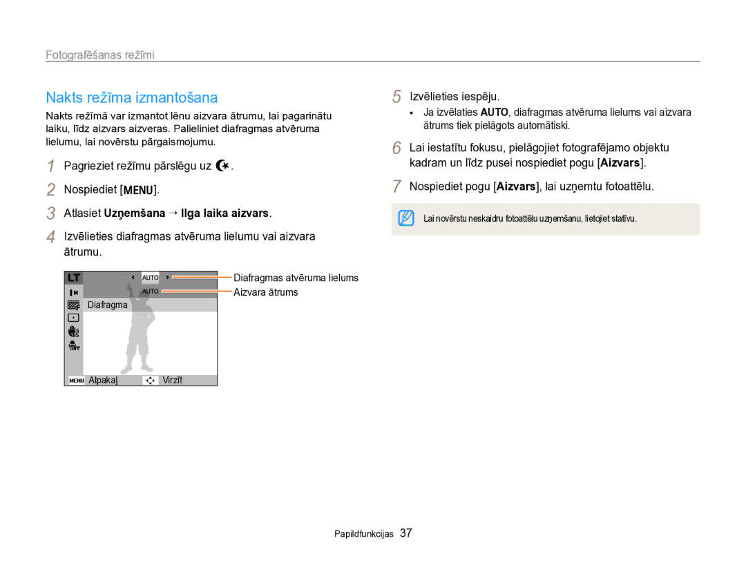 Samsung EC-PL170ZBPBE2 manual Nakts režīma izmantošana, Atlasiet Uzņemšana “ Ilga laika aizvars 