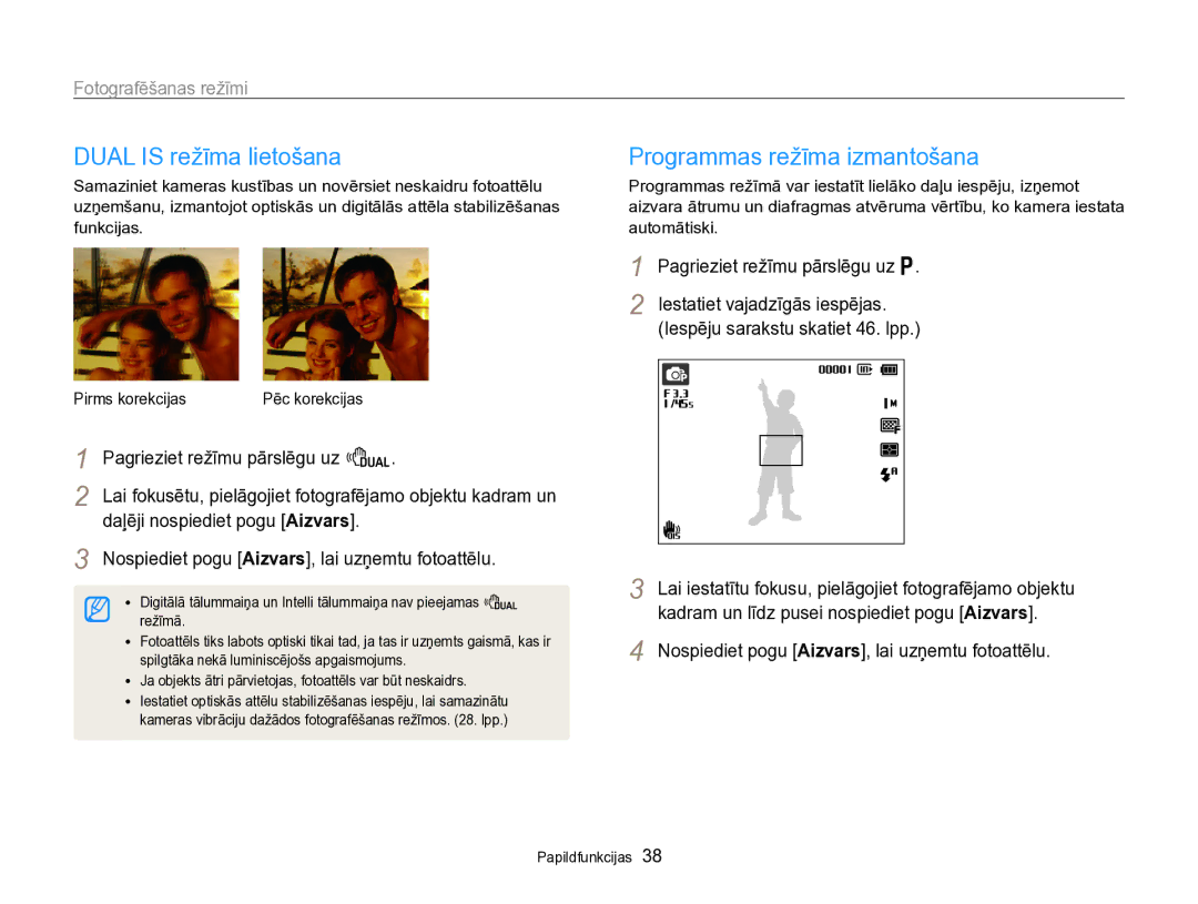 Samsung EC-PL170ZBPBE2 manual Dual is režīma lietošana, Programmas režīma izmantošana, Pagrieziet režīmu pārslēgu uz d 